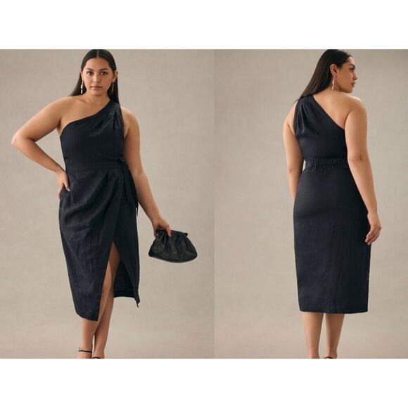 Anthropologie one shoulder linen wrap preppy dress size 16 black - Picture 2 of 11